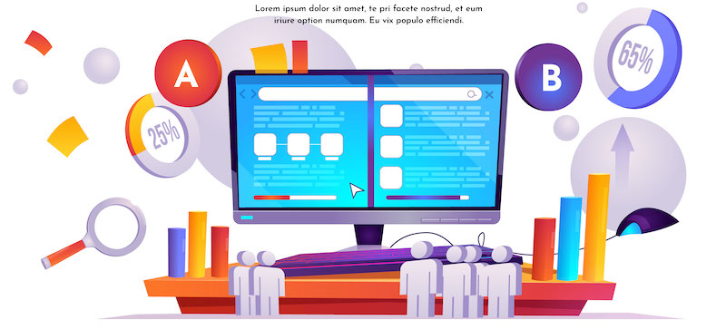 What Are Responsive Search Ads and How Do They Work? 4 A/B split test cartoon banner, website comparison